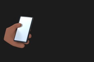 Ilustração em 3D de uma mão segurando um smartphone sobre fundo escuro.