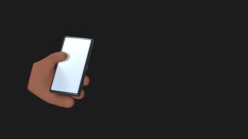 Ilustração em 3D de uma mão segurando um smartphone sobre fundo escuro.